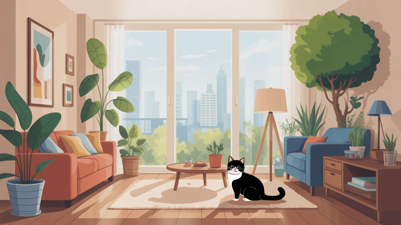 chat d'appartement dans un intérieur chaleureux avec arbres à chat