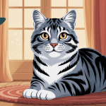 chat européen tigré gris assis dans un salon chaleureux