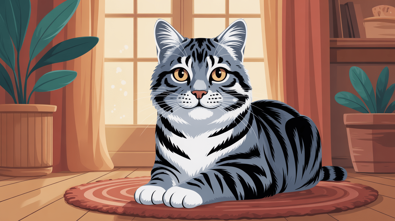 chat européen tigré gris assis dans un salon chaleureux