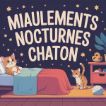 Illustration douce d'un chaton qui miaule la nuit dans un intérieur serein