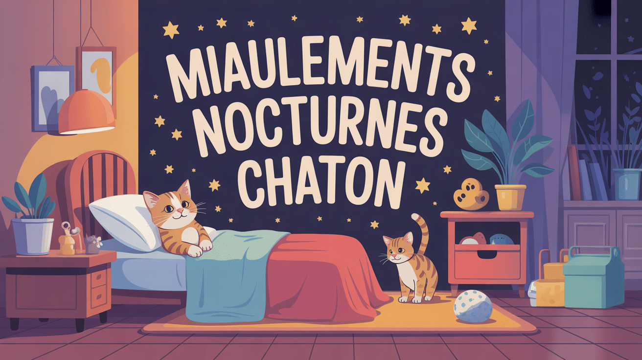 Illustration douce d'un chaton qui miaule la nuit dans un intérieur serein