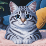 Illustration réaliste de chat gris aux yeux bleus sur coussin