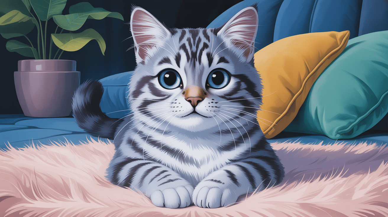 Illustration réaliste de chat gris aux yeux bleus sur coussin