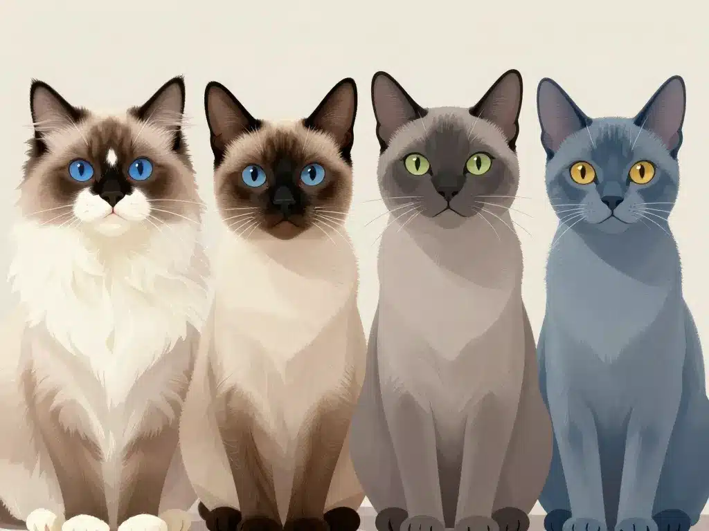 Illustration de races de chats gris aux yeux bleus et regards expressifs