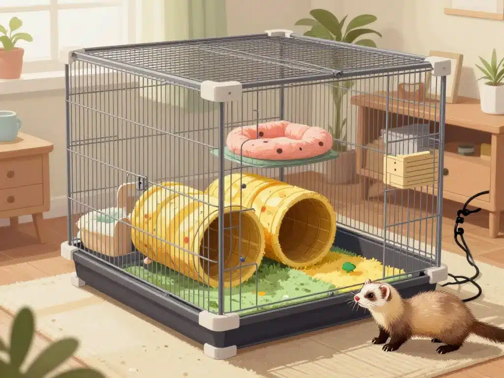 furet domestique dans espace sécurisé avec cage et jouets