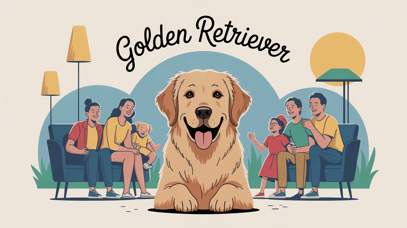 Golden retriever caractère entouré d'une famille joyeuse