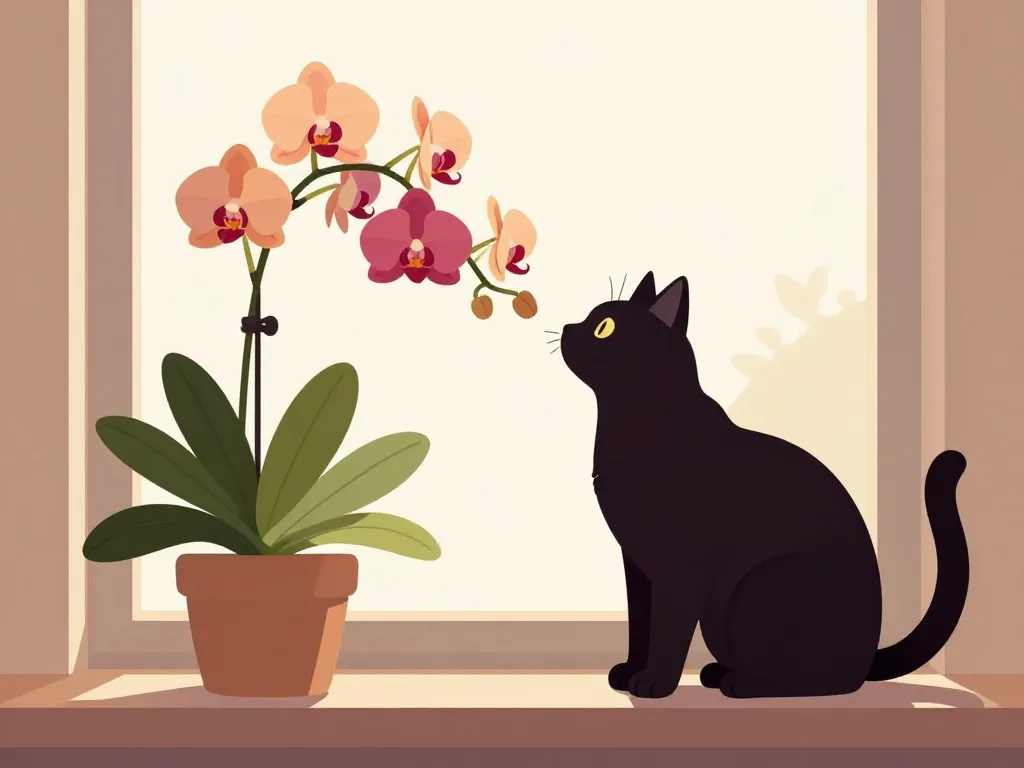 Scène chat et orchidées en intérieur quotidien