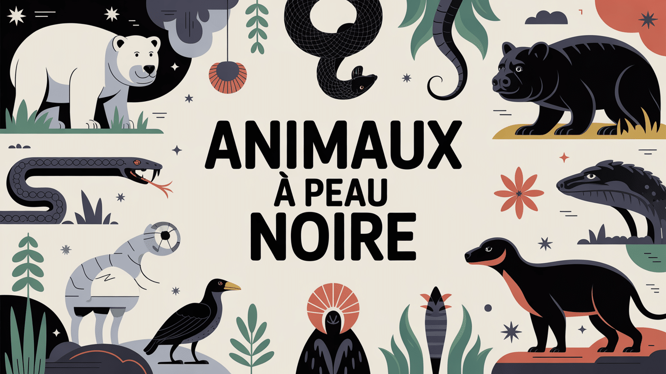 Illustration animaux à peau noire, ours polaire, ayam cemani, serpent et crapaud