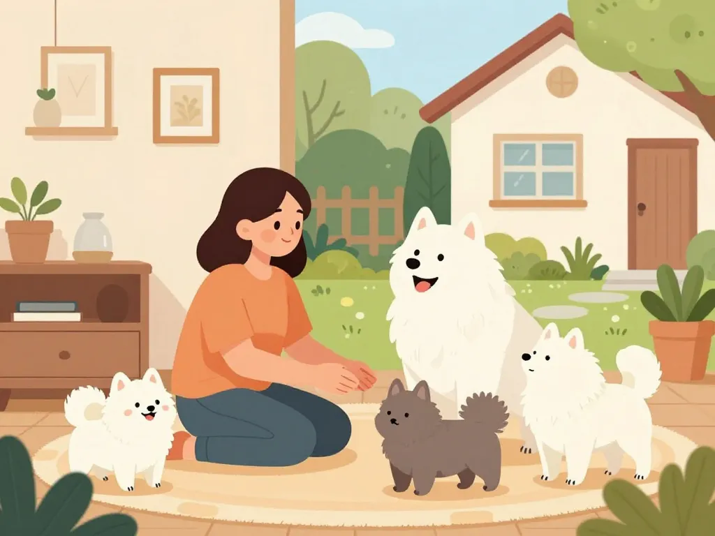 Famille avec pomskys tailles différentes à la maison