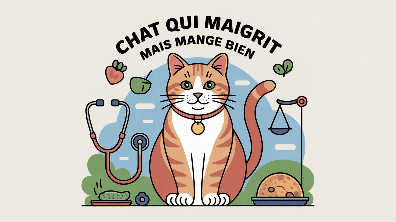 Chat qui maigrit mais mange bien avec symboles santé vétérinaire