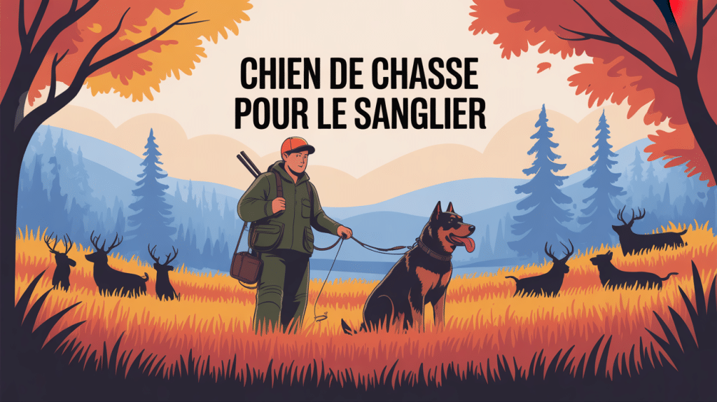 Illustration chien de chasse pour le sanglier avec chasseur en forêt