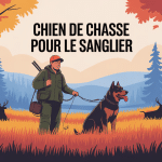 Illustration chien de chasse pour le sanglier avec chasseur en forêt