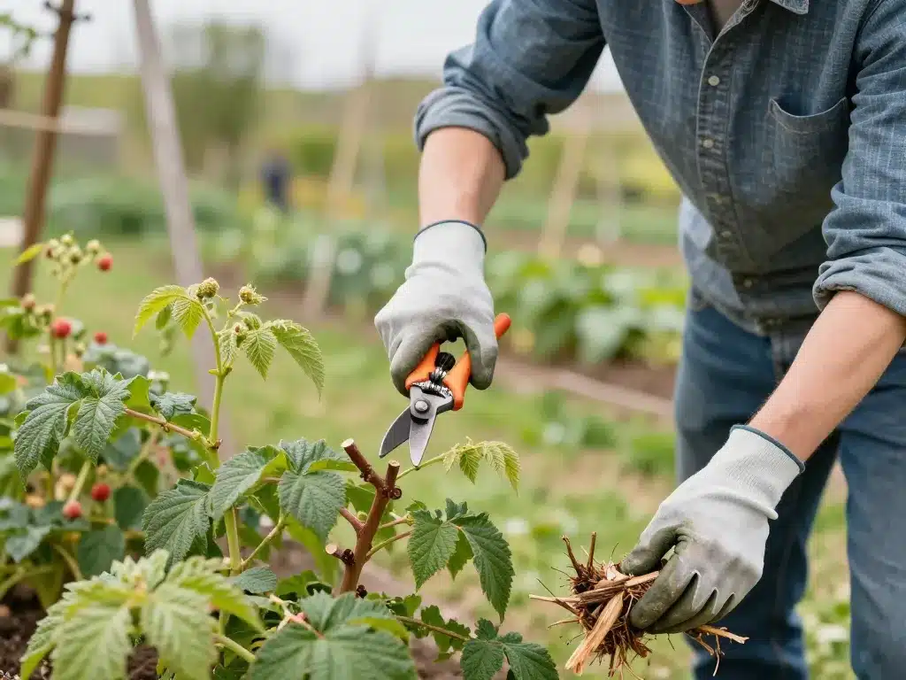 Scène avec jardinier montrant comment et quand tailler les framboisiers avec outils