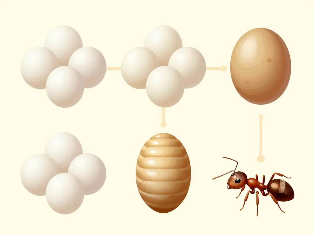 Schéma cycle développement fourmis oeufs, larves, adultes