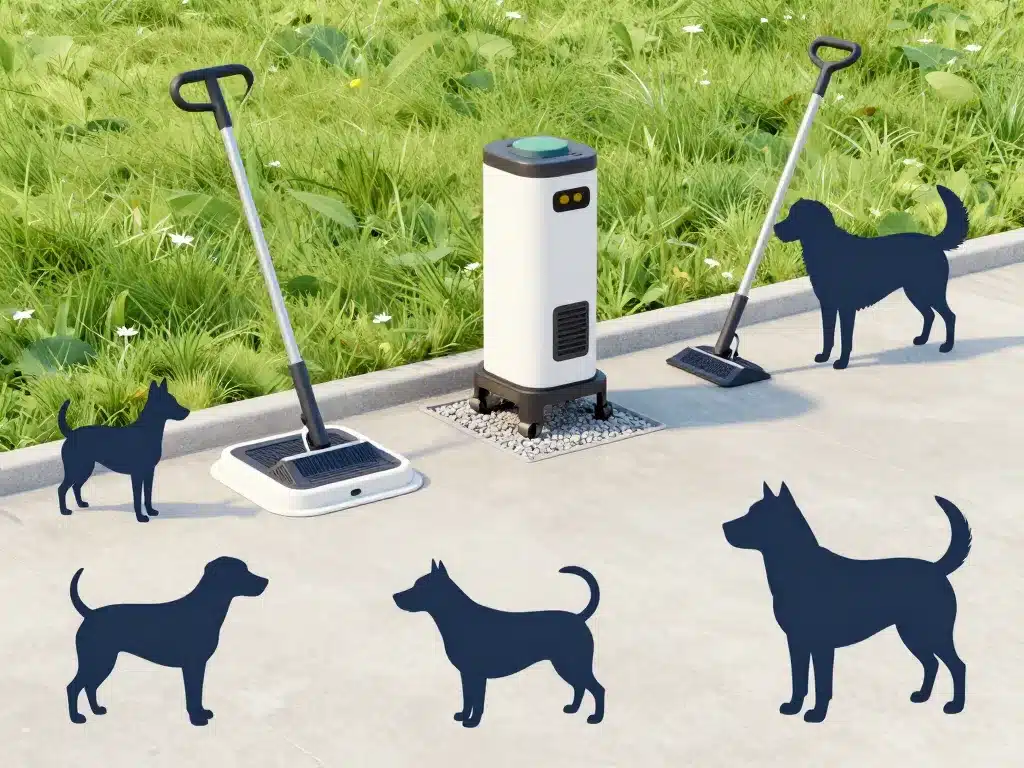 ramasse crotte chien automatique, outils selon taille chien et terrain