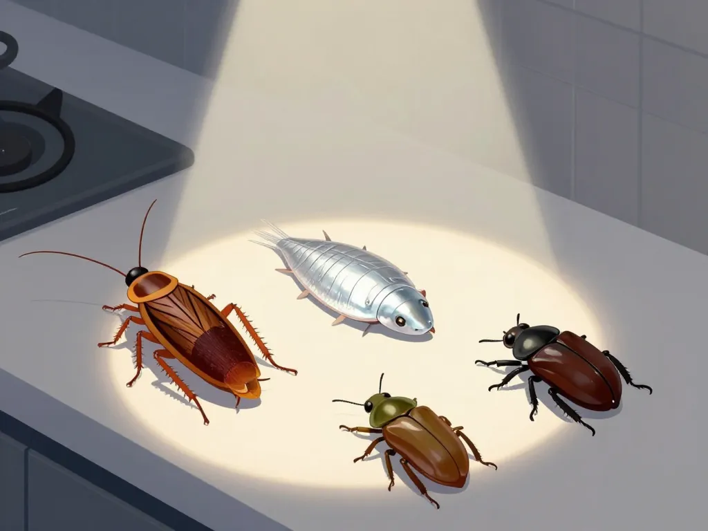 Différences insecte ressemblant au cafard sur un plan cuisine