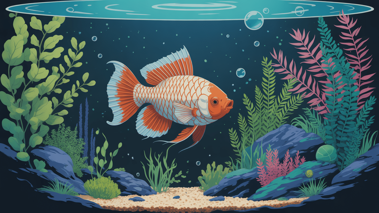 Ryukin dans aquarium décoré avec plantes