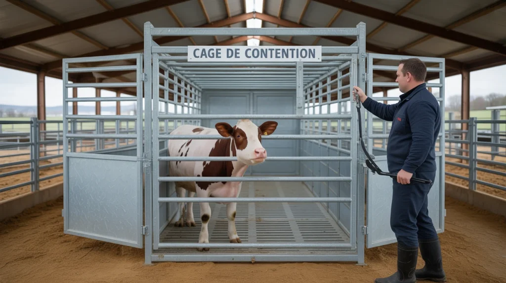 Cage de contention pour bovin avec éleveur et bovin calme