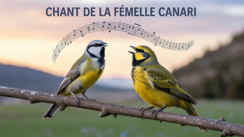 Chant du canari femelle sur perchoir avec mâle