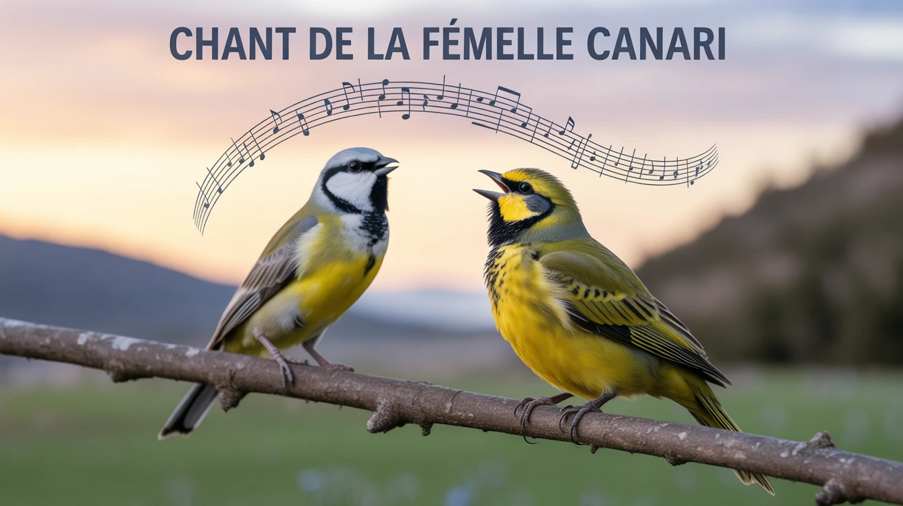 Chant du canari femelle sur perchoir avec mâle