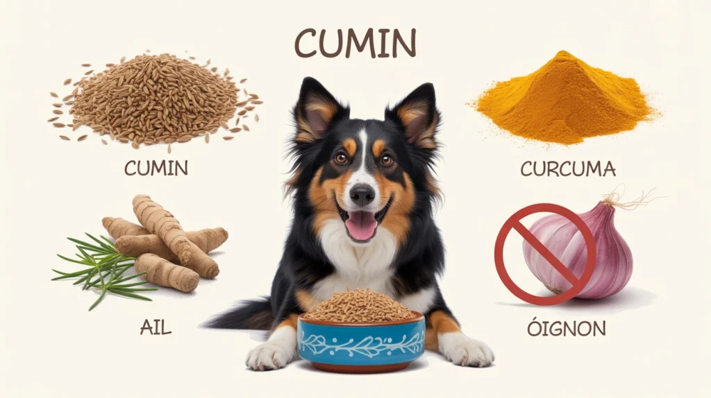 Chien joyeux devant gamelle avec cumin chien