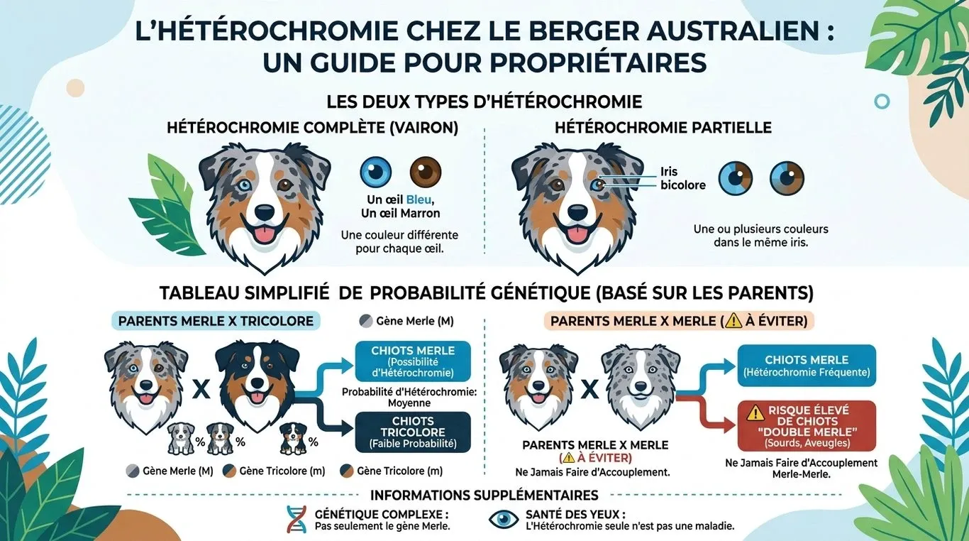Infographie explicative sur l'hétérochromie et la génétique des yeux chez le Berger Australien