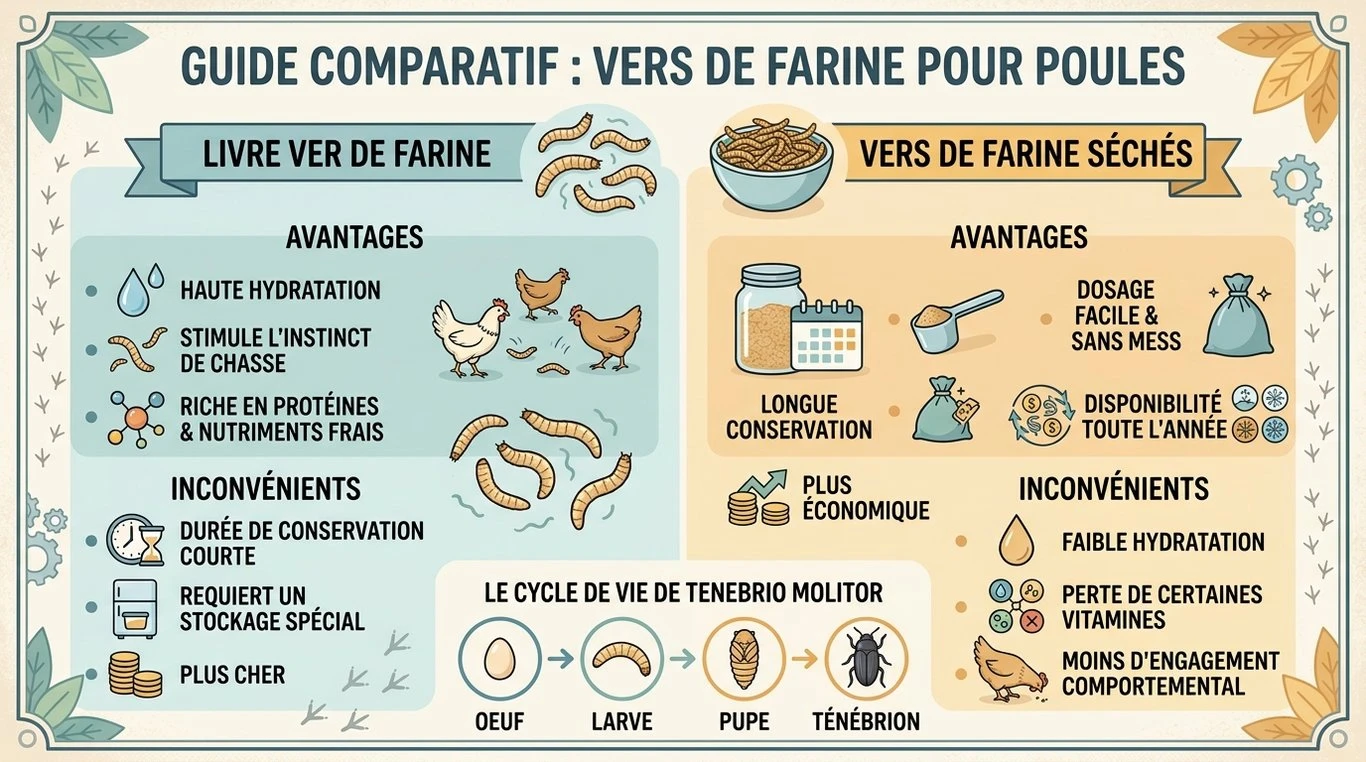 Infographie comparative : vers de farine vivants vs séchés et cycle de vie du Tenebrio molitor