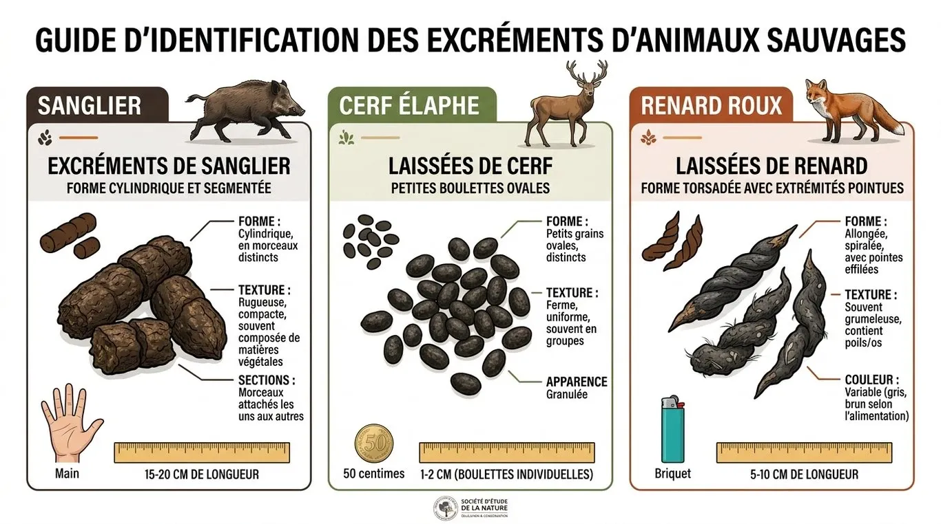Infographie comparative des déjections : sanglier, chevreuil et renard pour faciliter l'identification sur le terrain.