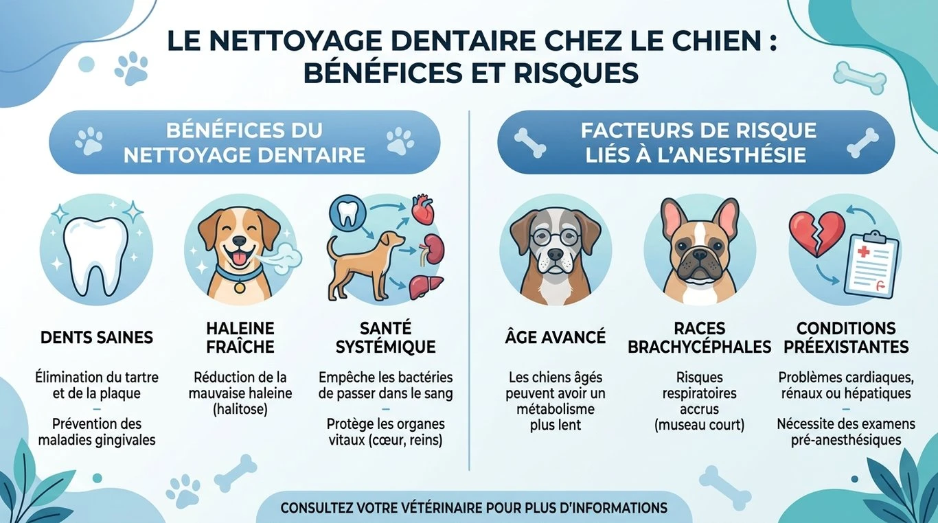 Infographie récapitulative des bénéfices et des facteurs de risque liés au détartrage chez le chien pour aider à la prise de décision.