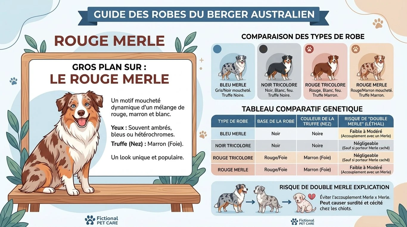 Infographie comparative des robes du Berger Australien et risques génétiques