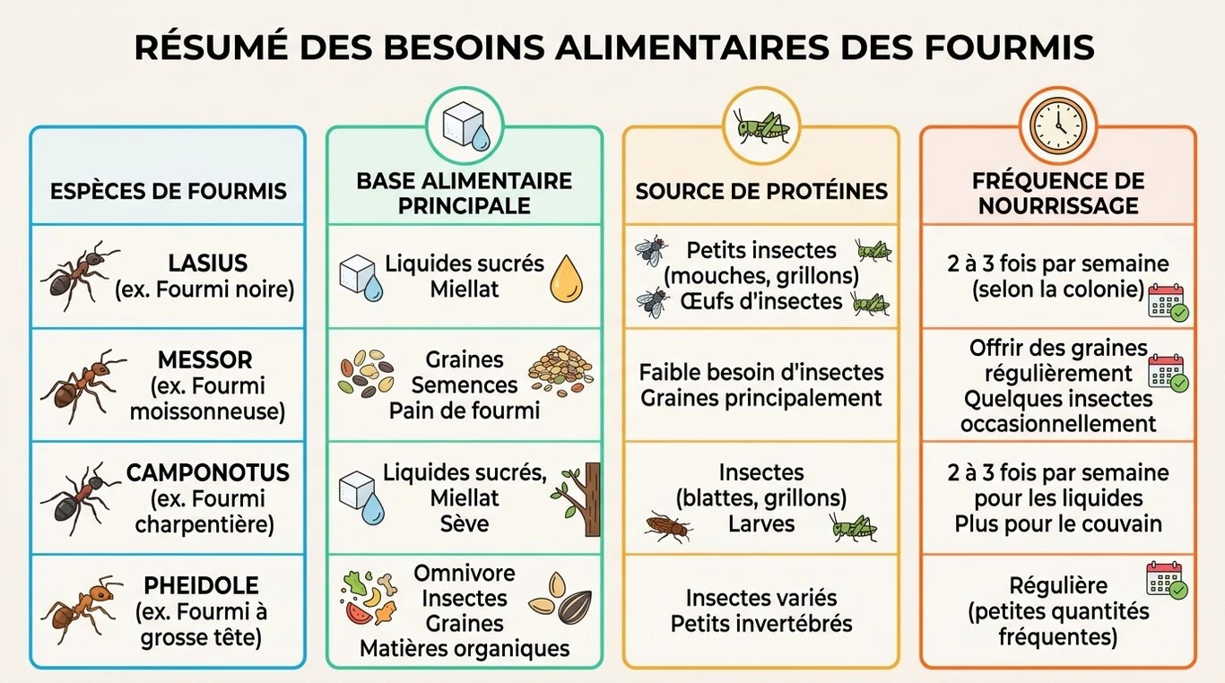 Infographie récapitulative des besoins alimentaires des fourmis par espèce