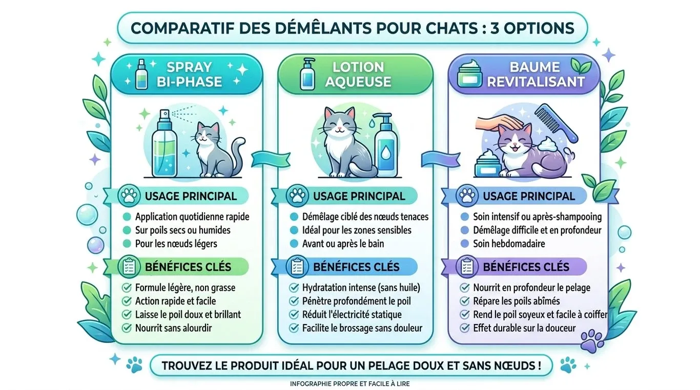 Infographie comparative des types de démêlants pour chat : spray bi-phase, lotion aqueuse et baume après-shampoing