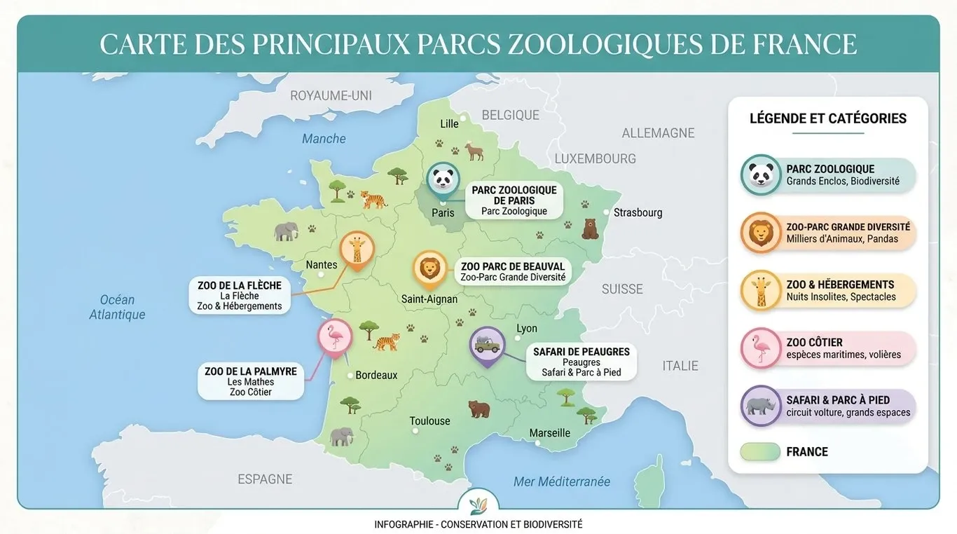 Carte des principaux parcs animaliers et zoos en France