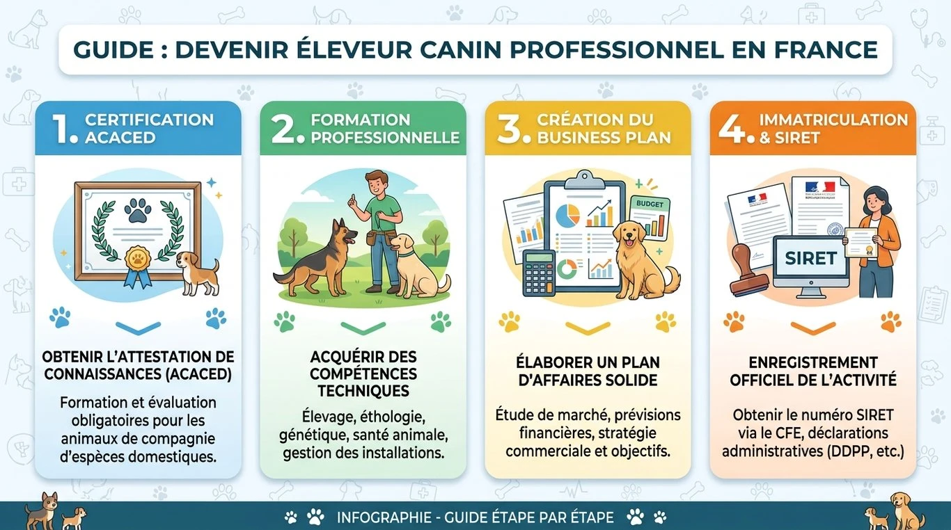 Infographie des étapes clés pour devenir éleveur canin professionnel