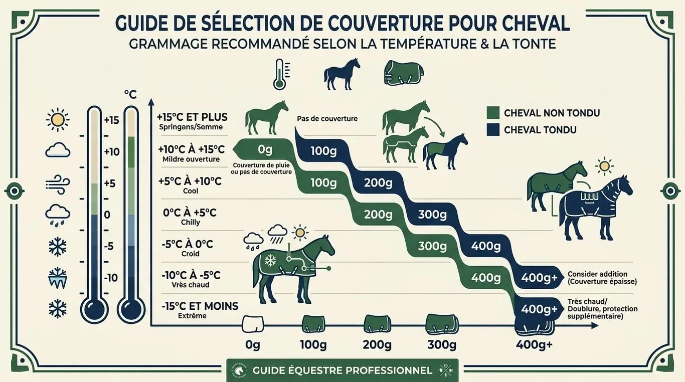 Infographie récapitulative : choisir le grammage de la couverture de son cheval selon la température et la tonte