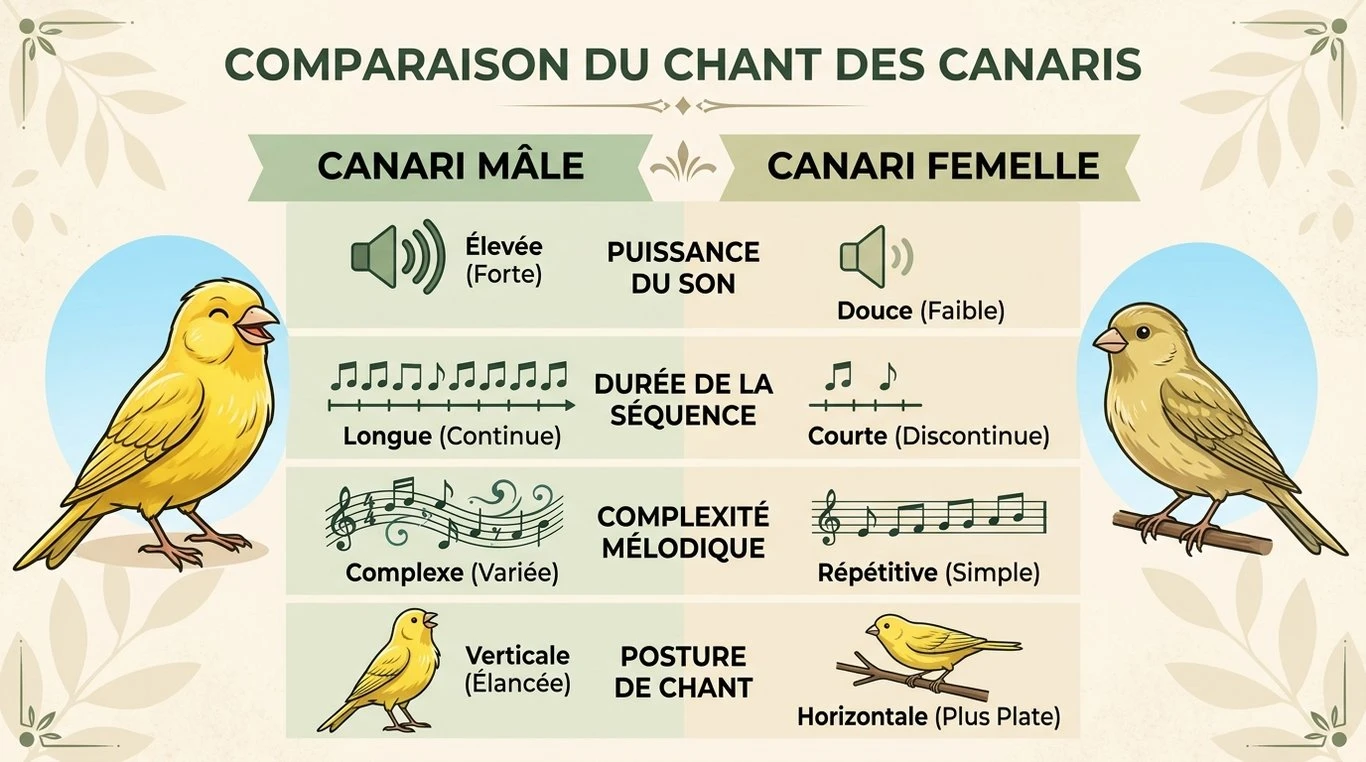 Infographie comparative des différences entre le chant du canari mâle et de la femelle