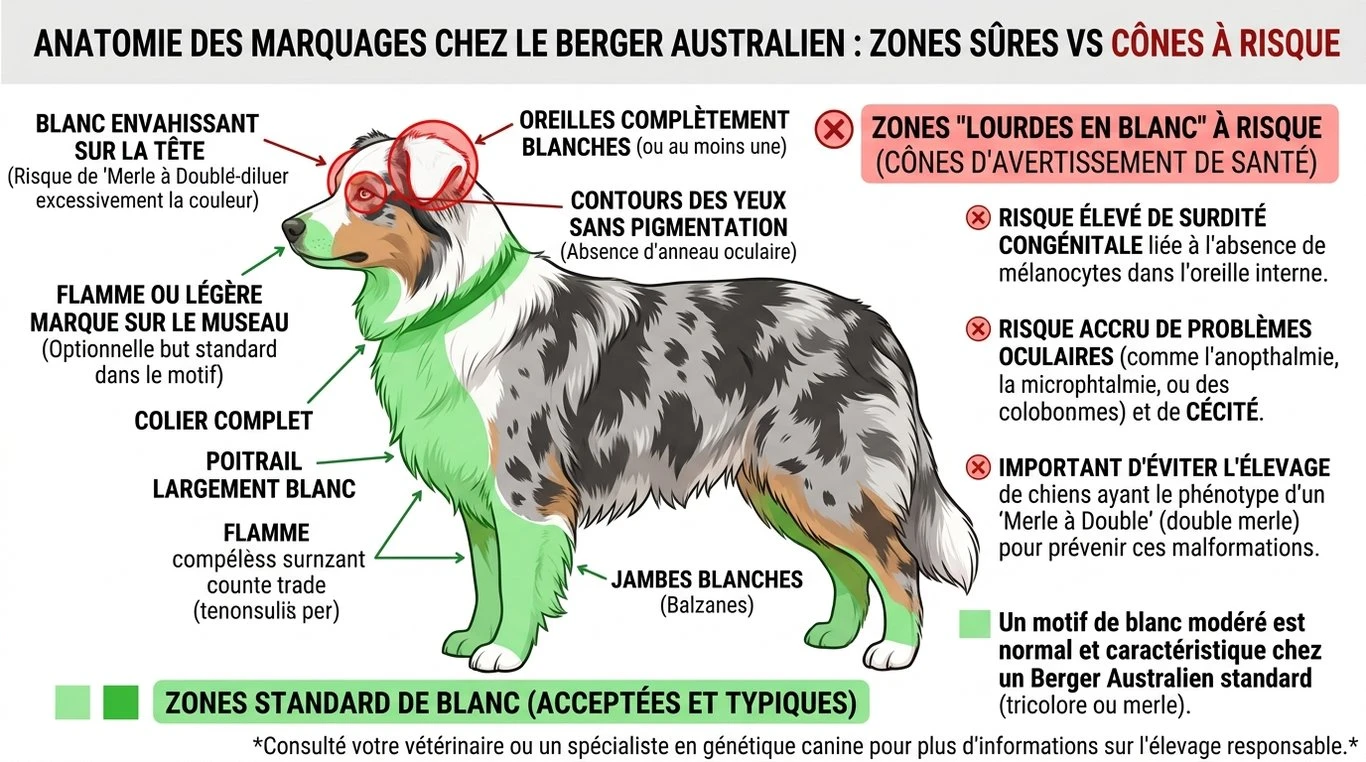 Infographie illustrant les zones de blanc autorisées et les zones à risque (blanc envahissant) chez le Berger Australien.