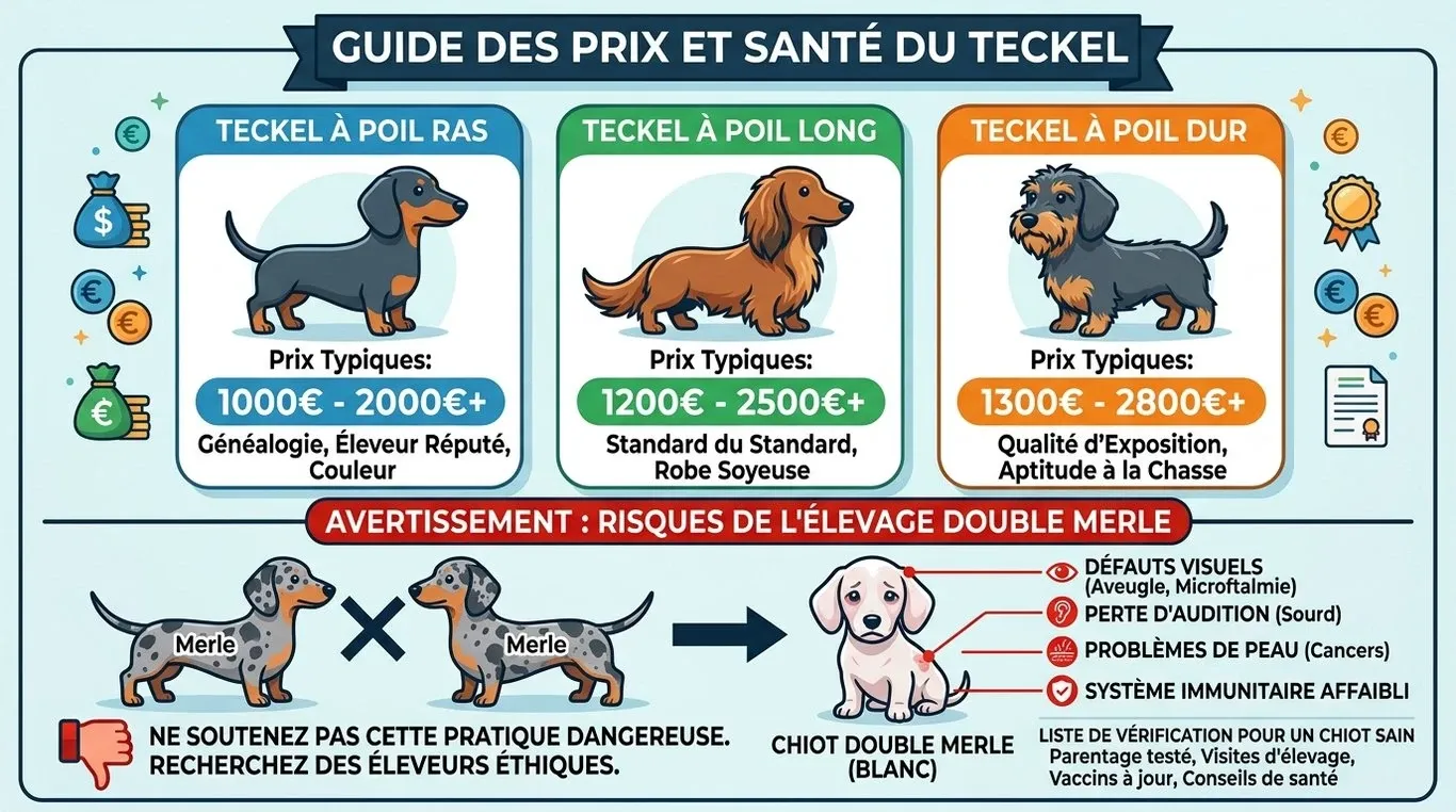 Infographie récapitulative des prix des teckels arlequins et des risques génétiques liés au double merle