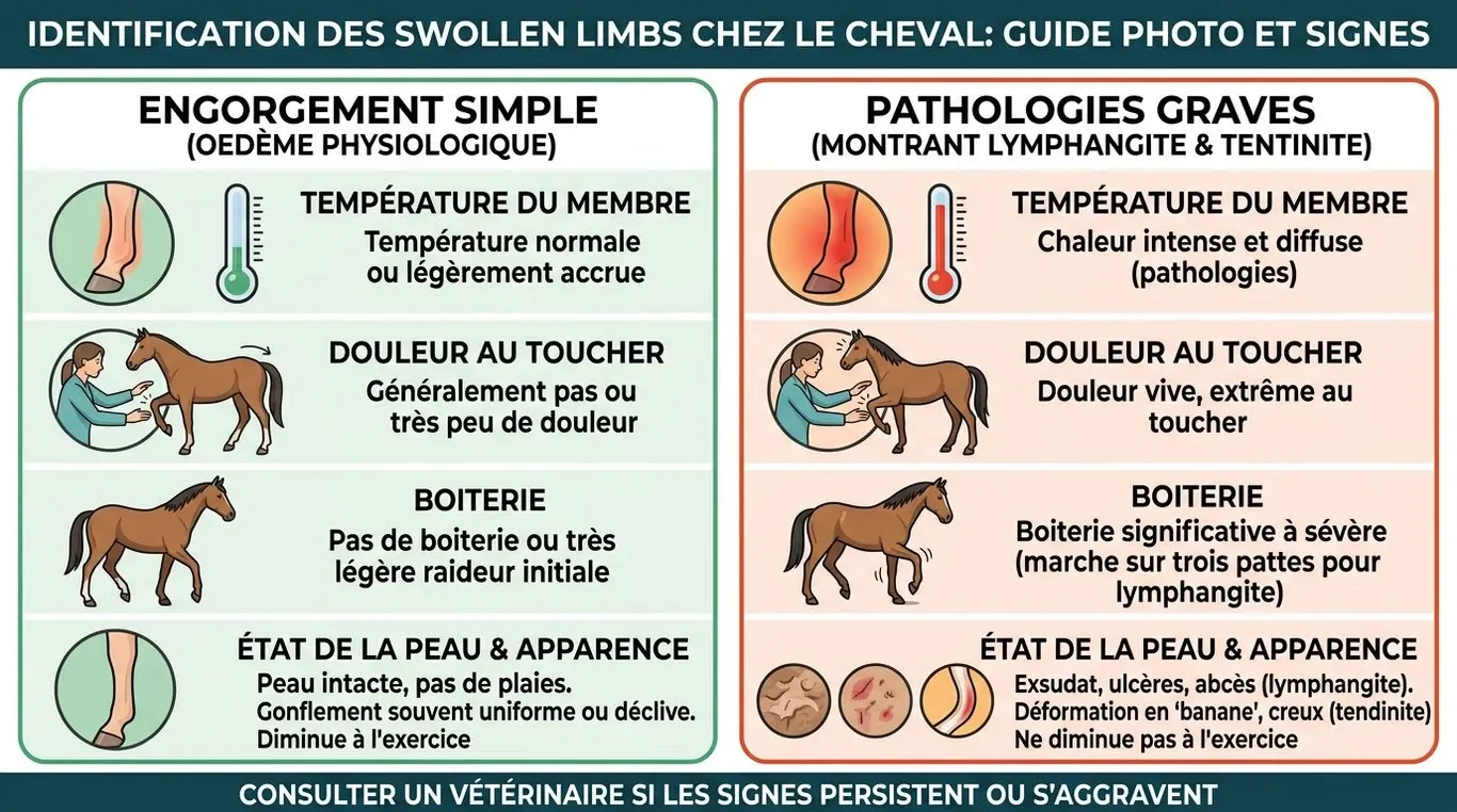Infographie comparative : Engorgement simple vs Pathologie grave chez le cheval