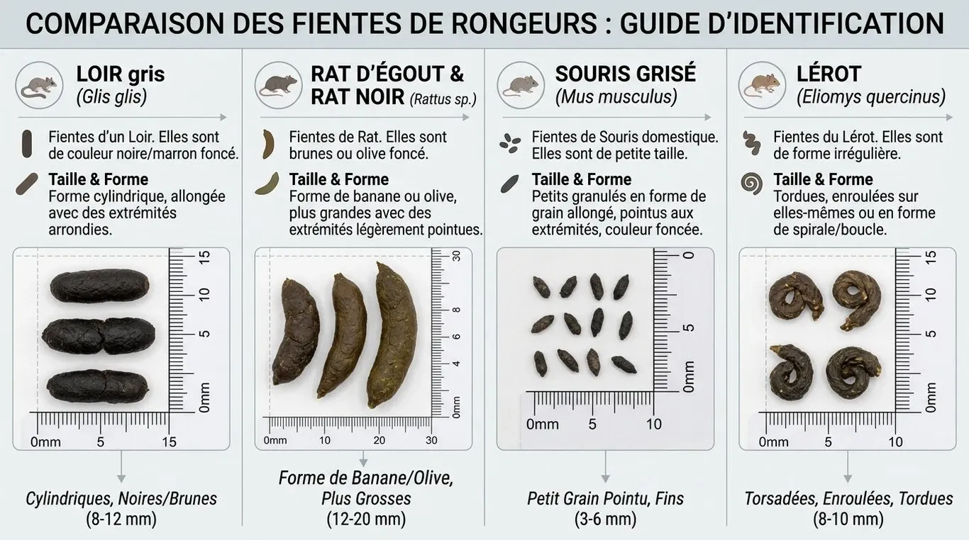 Infographie comparative des crottes de loir, rat, souris et lérot pour identification visuelle
