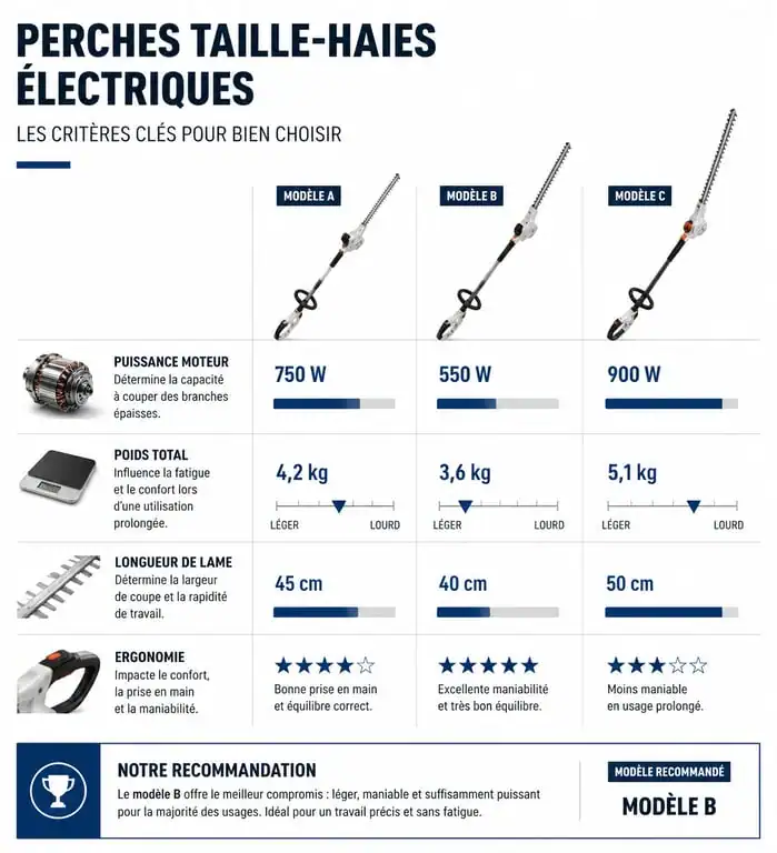 Infographie des critères de choix pour une perche taille-haies électrique