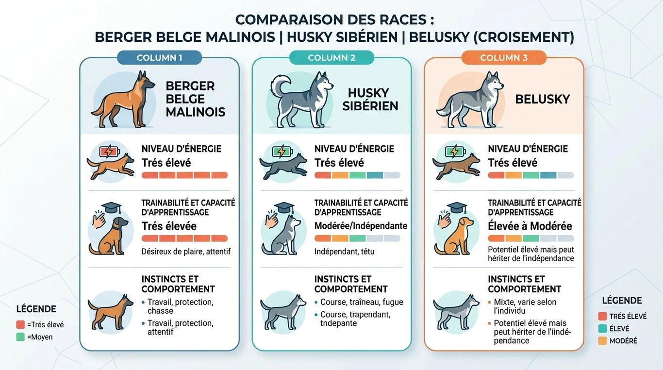 Infographie comparative : Malinois vs Husky vs Belusky
