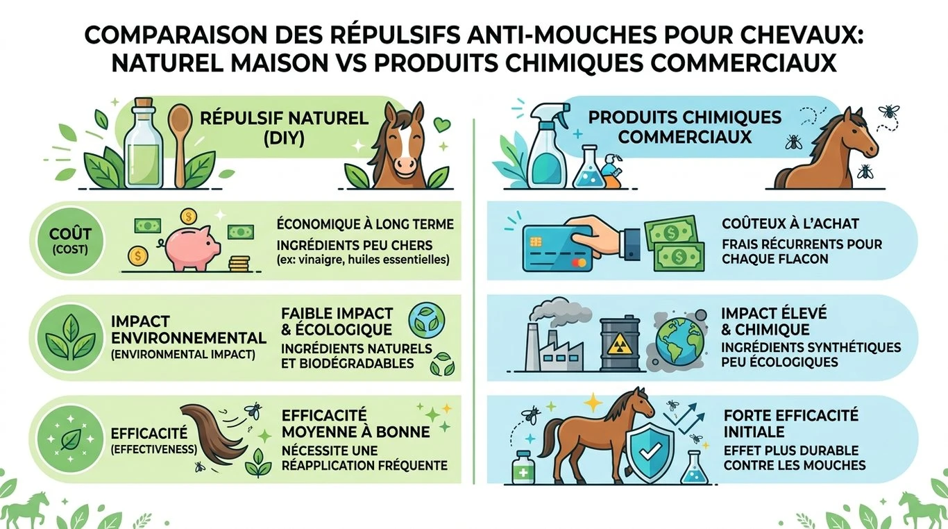Infographie comparative : Anti-mouche maison vs Produits commerciaux pour chevaux