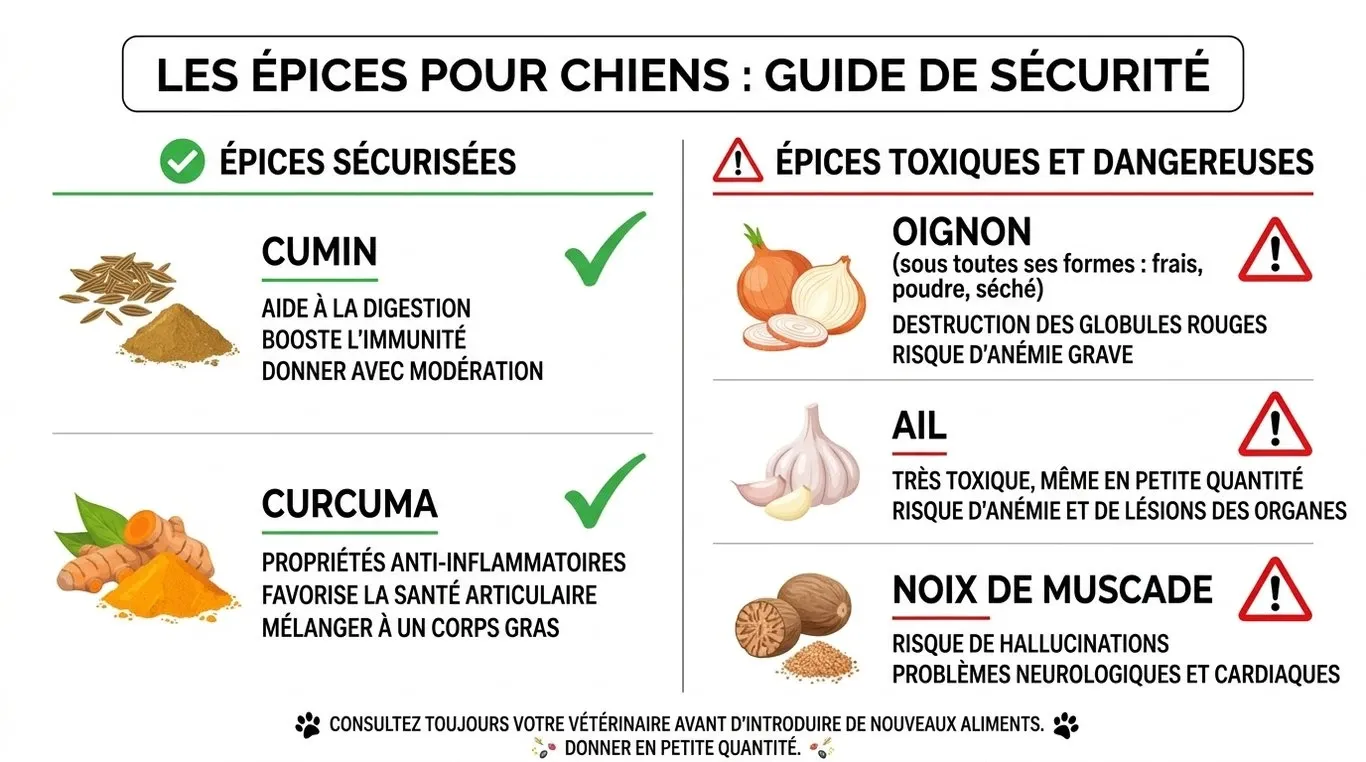 Infographie comparative des épices sûres et toxiques pour les chiens