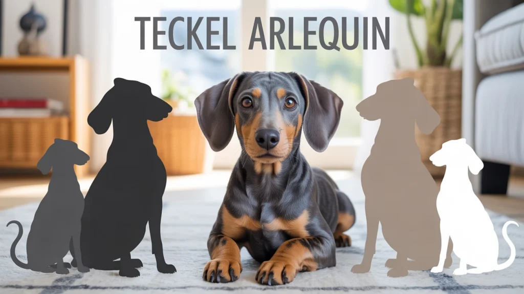 Teckel arlequin assis, pelage moucheté, diversité de teckels