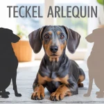 Teckel arlequin assis, pelage moucheté, diversité de teckels