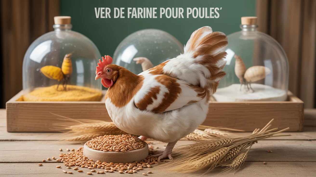 Vers de farine pour poules, poule rousse picorant des larves