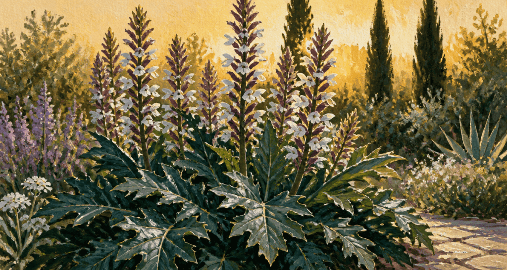 acanthus mollis feuillage et hampes florales
