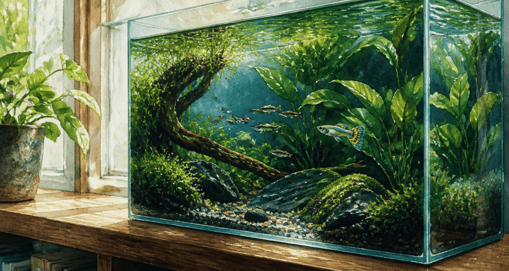 Aquarium petit poisson avec Microrasbora et Guppy Endler