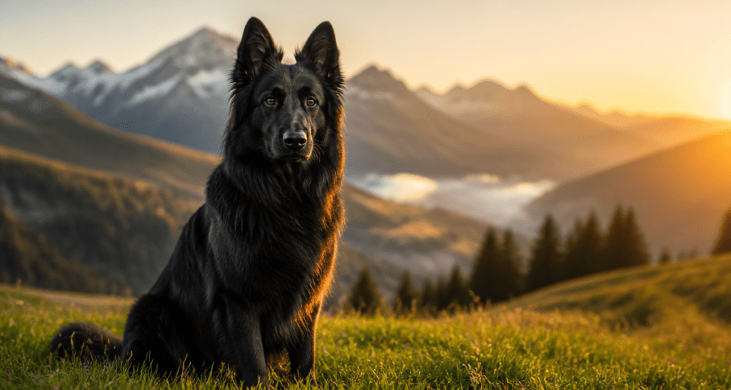 berger suisse noir assis sur prairie montagne